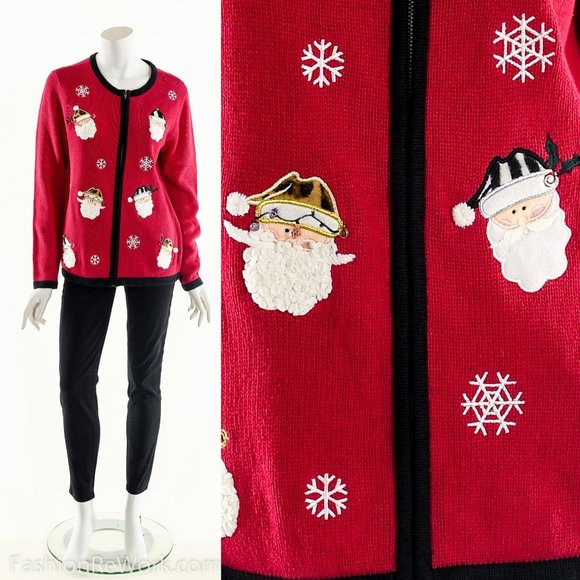 Santa Applique Ugly Christmas Cardigan Sweater - Picture 1 of 9